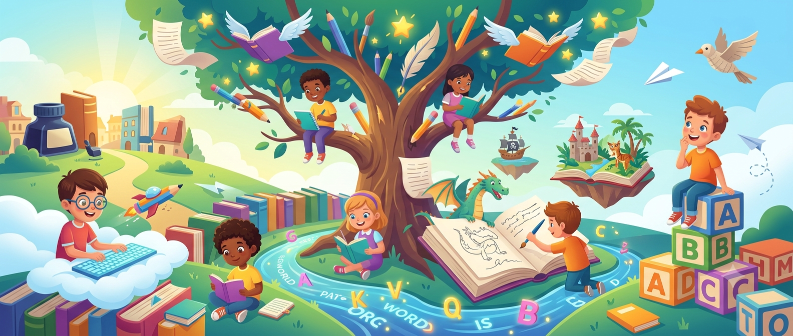 Children reading and writing around a magical story tree, with books, pencils and a dragon