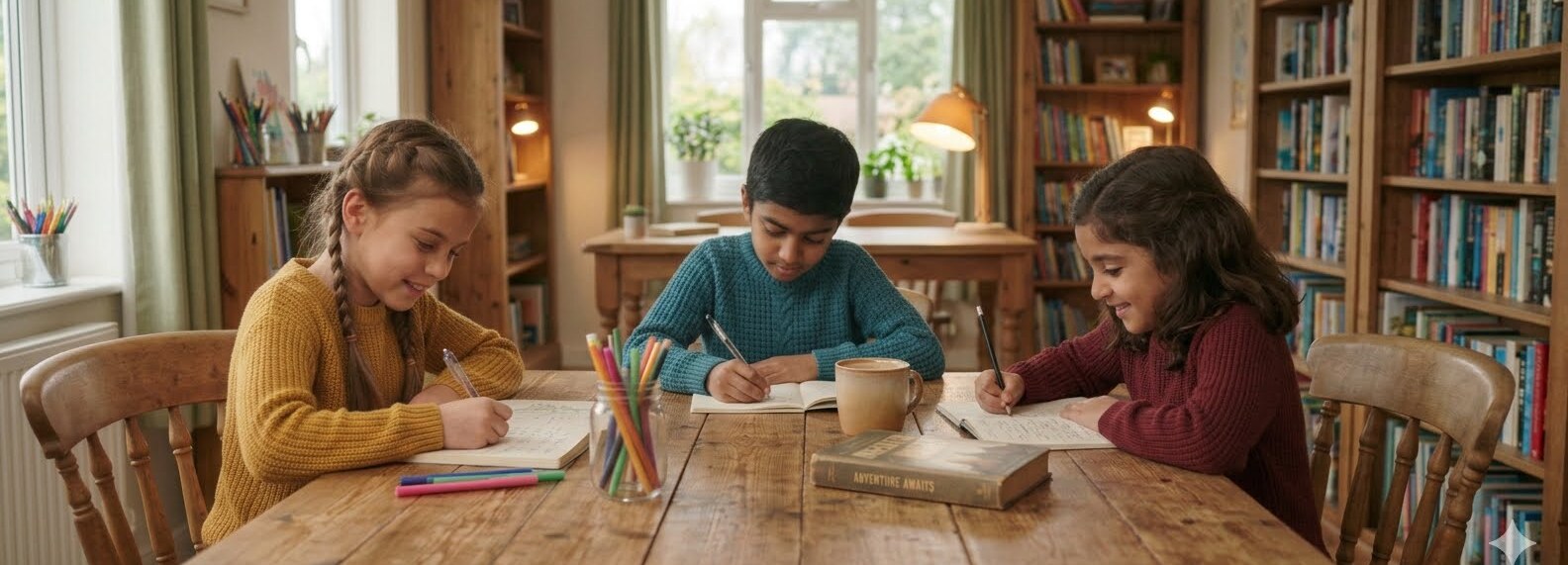 Three children writing together at a wooden table in a sunny room full of books